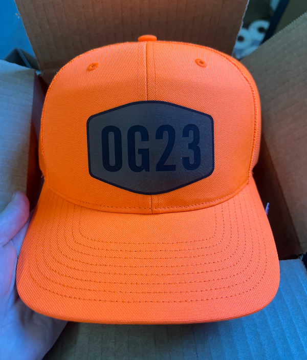 Richardson 882 Blaze Orange Mesh Back Trucker Cap with Custom Leather Patch