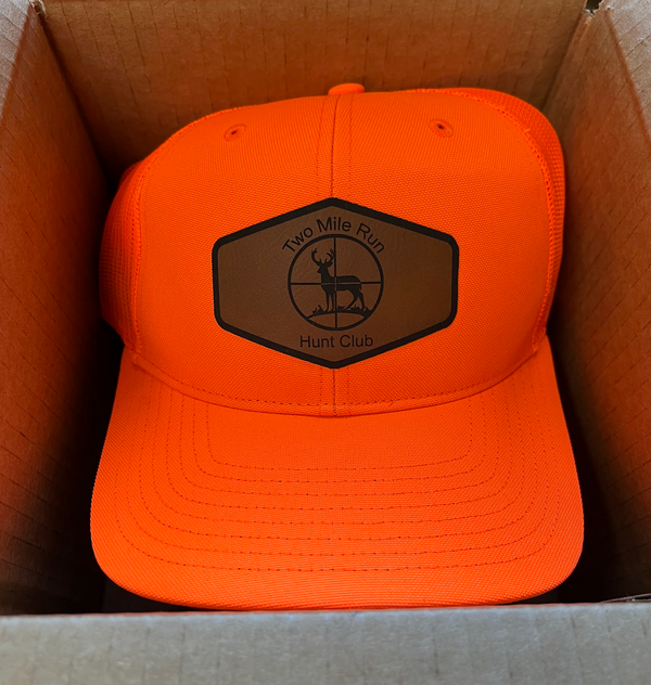 Richardson 882 Blaze Orange Mesh Back Trucker Cap with Custom Leather Patch