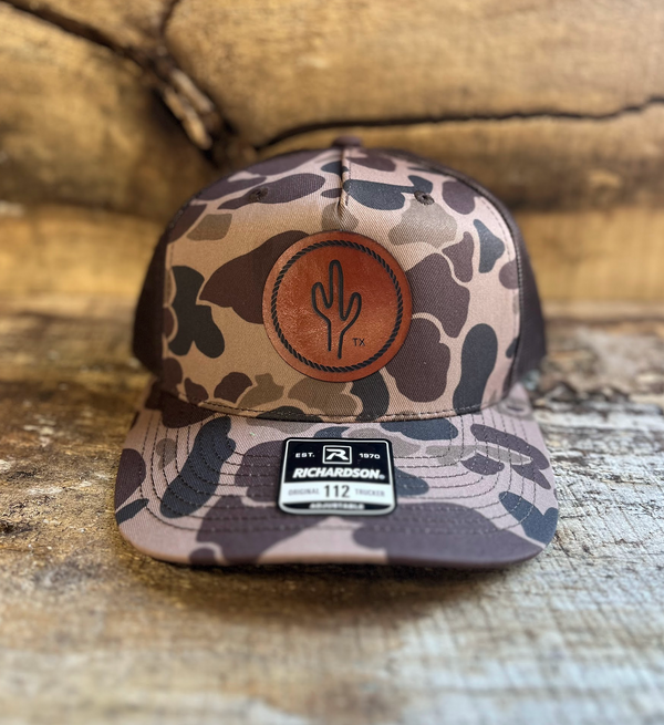 Richardson 112PFP Camo Five Panel Trucker with Custom Leather Patch