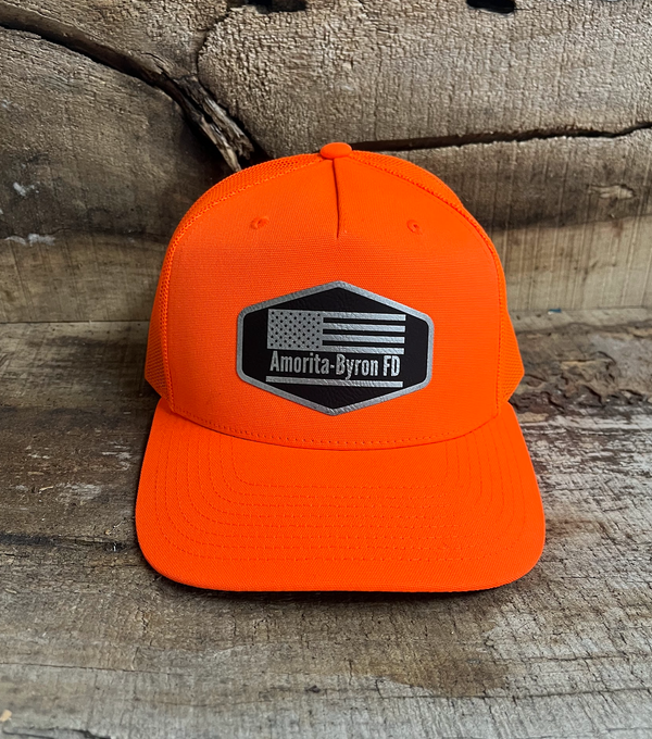 Richardson 882FP Five Panel Blaze Orange Hat with Custom Leather Patch