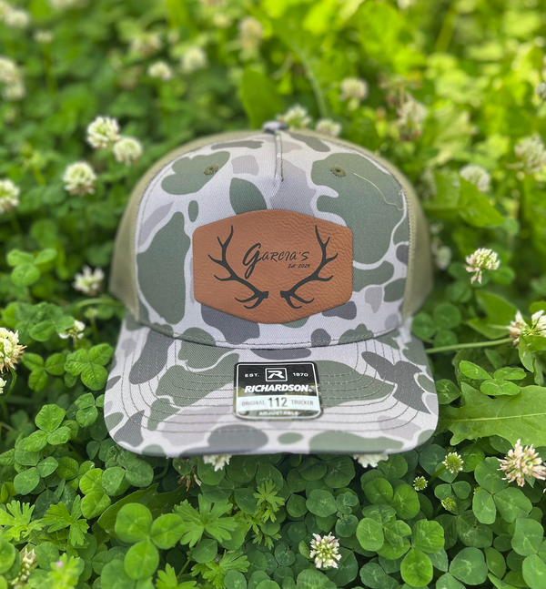 Richardson 112PFP Camo Five Panel Trucker with Custom Leather Patch