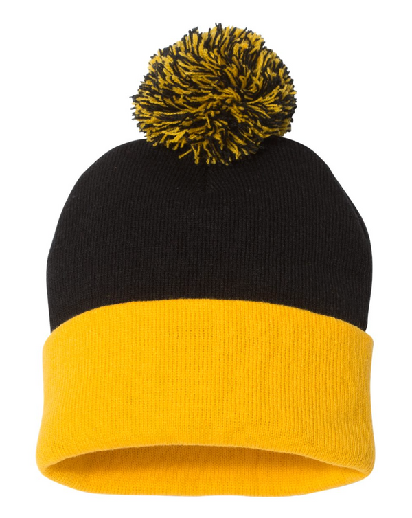 Sportsman 12" Pom-Pom Cuffed Beanie with Custom Leather Patch