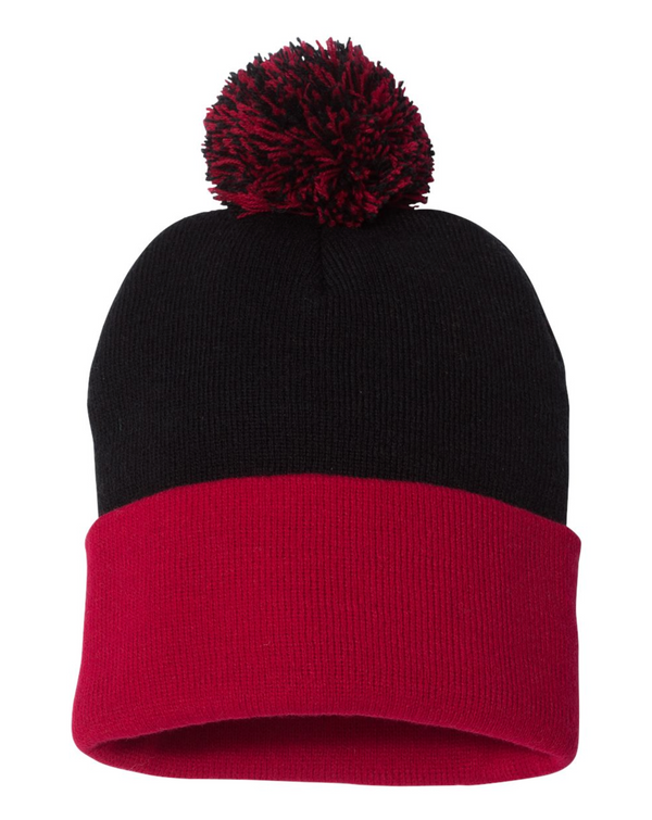 Sportsman 12" Pom-Pom Cuffed Beanie with Custom Leather Patch