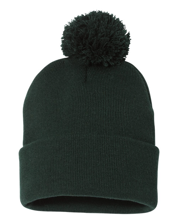 Sportsman 12" Pom-Pom Cuffed Beanie with Custom Leather Patch