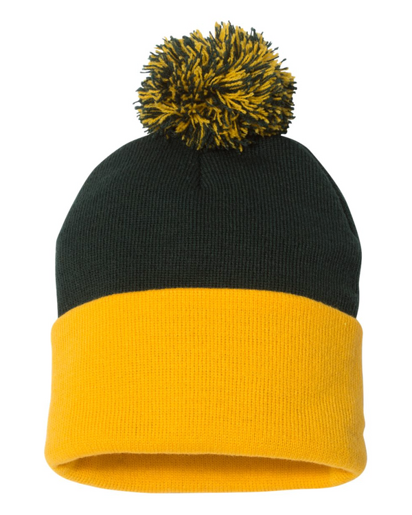 Sportsman 12" Pom-Pom Cuffed Beanie with Custom Leather Patch