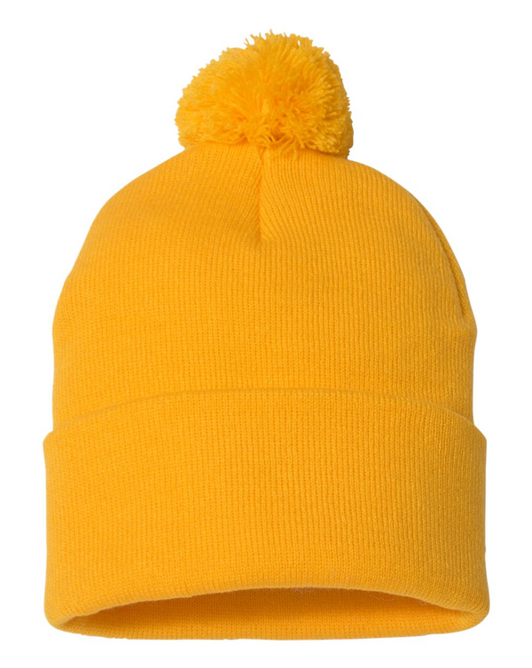 Sportsman 12" Pom-Pom Cuffed Beanie with Custom Leather Patch