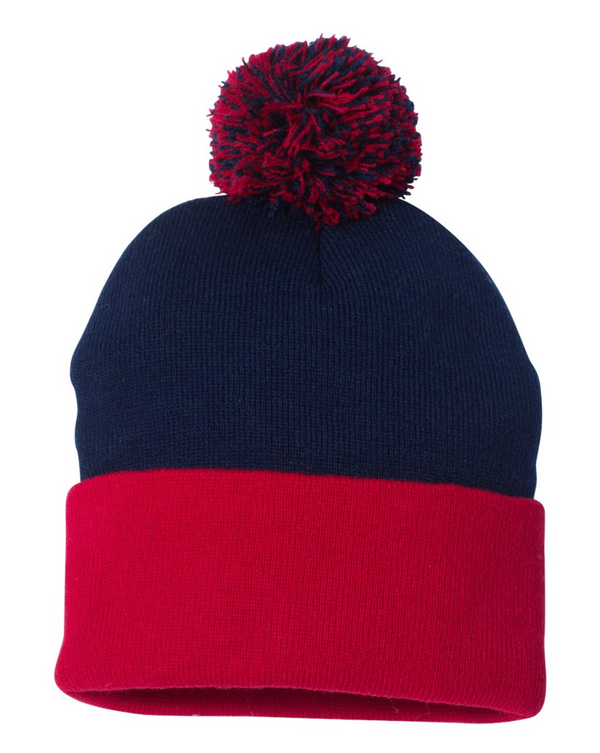 Sportsman 12" Pom-Pom Cuffed Beanie with Custom Leather Patch