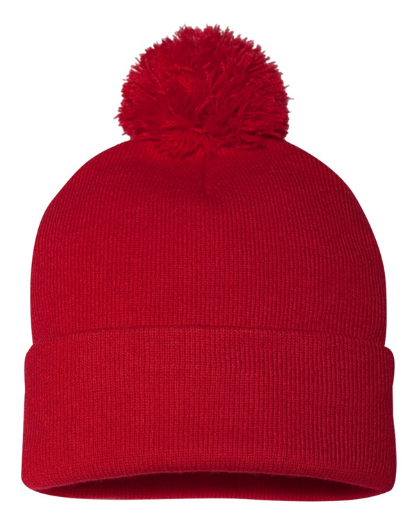 Sportsman 12" Pom-Pom Cuffed Beanie with Custom Leather Patch