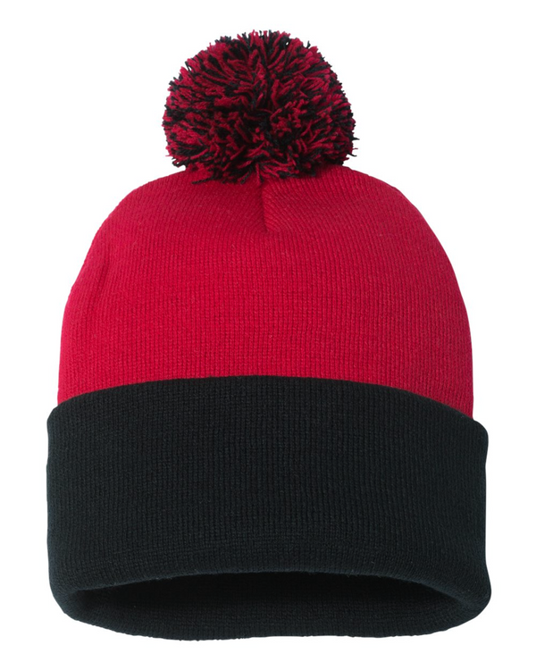 Sportsman 12" Pom-Pom Cuffed Beanie with Custom Leather Patch