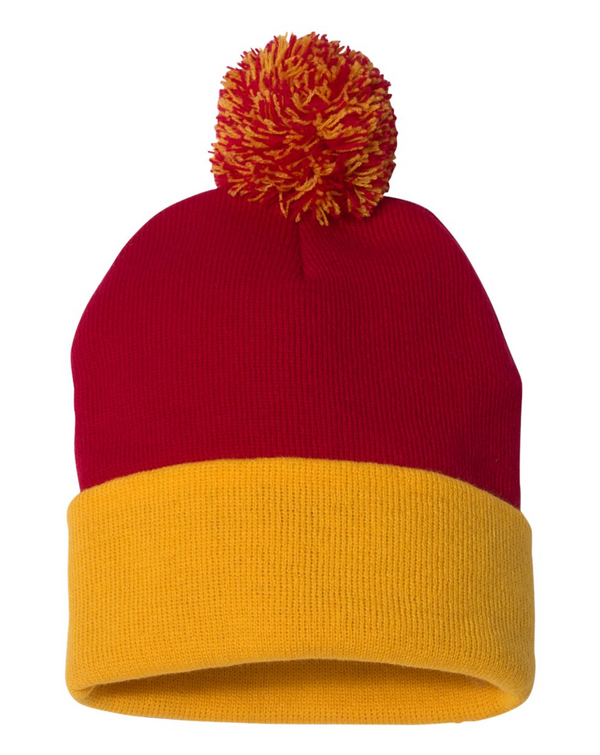 Sportsman 12" Pom-Pom Cuffed Beanie with Custom Leather Patch