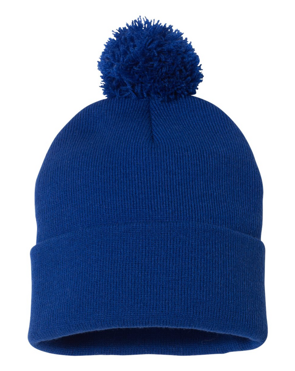 Sportsman 12" Pom-Pom Cuffed Beanie with Custom Leather Patch