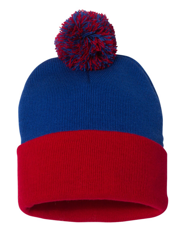 Sportsman 12" Pom-Pom Cuffed Beanie with Custom Leather Patch