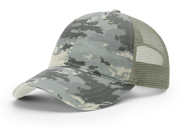 Richardson 111P Garment Washed Camo Trucker with Custom Leather Patch