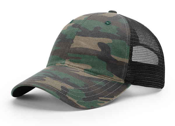 Richardson 111P Garment Washed Camo Trucker with Custom Leather Patch