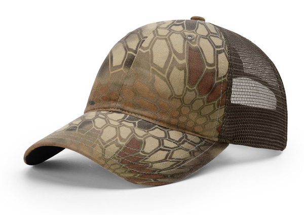 Richardson 111P Garment Washed Camo Trucker with Custom Leather Patch