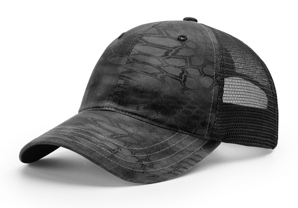 Richardson 111P Garment Washed Camo Trucker with Custom Leather Patch