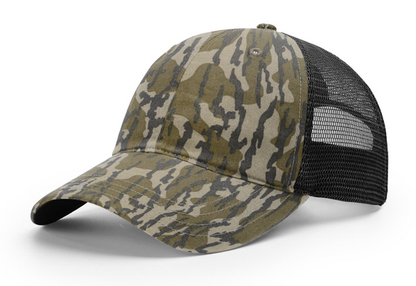 Richardson 111P Garment Washed Camo Trucker with Custom Leather Patch