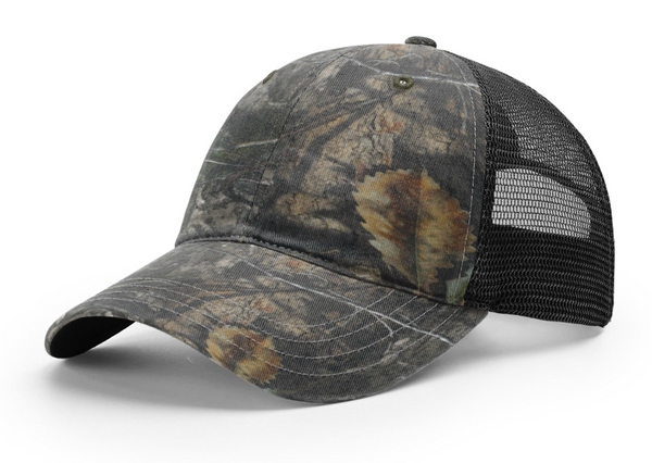 Richardson 111P Garment Washed Camo Trucker with Custom Leather Patch