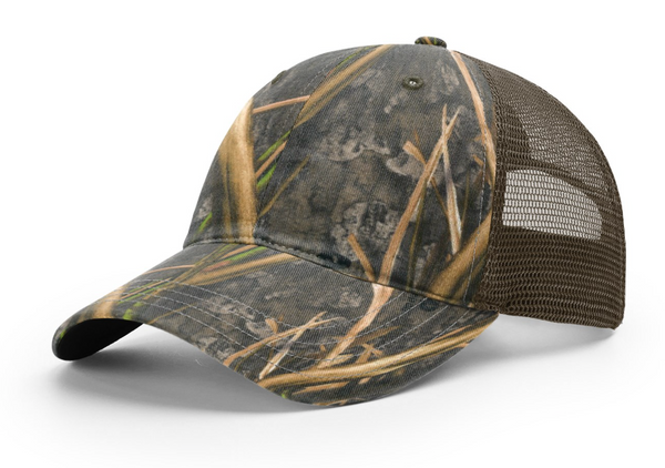 Richardson 111P Garment Washed Camo Trucker with Custom Leather Patch