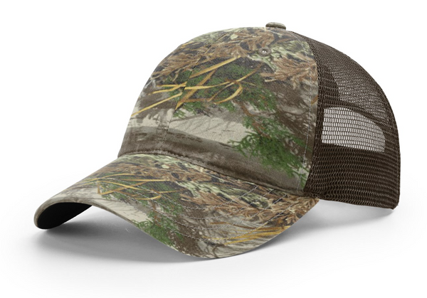 Richardson 111P Garment Washed Camo Trucker with Custom Leather Patch