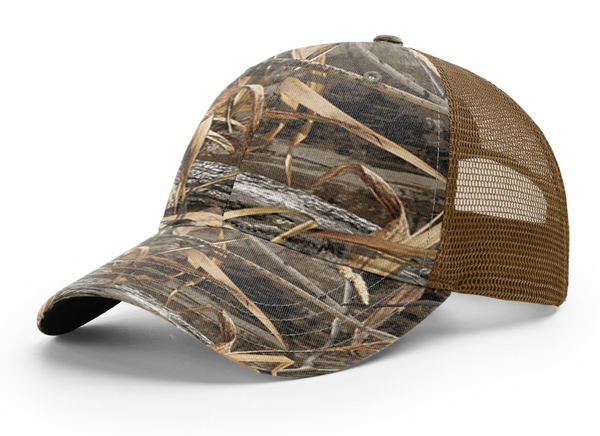 Richardson 111P Garment Washed Camo Trucker with Custom Leather Patch