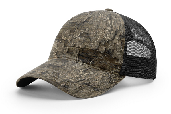 Richardson 111P Garment Washed Camo Trucker with Custom Leather Patch