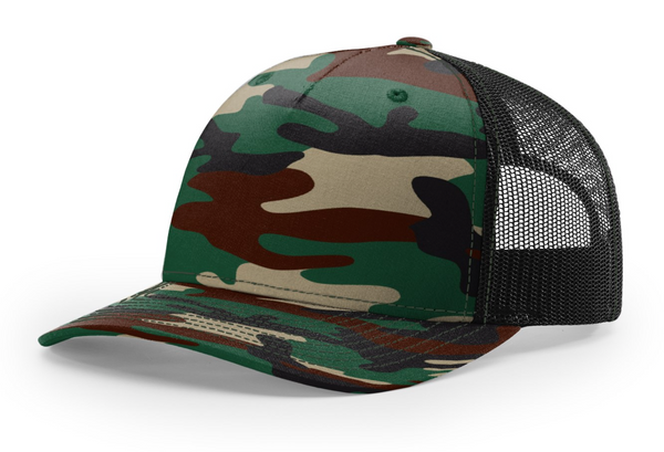 Richardson 112PFP Camo Five Panel Trucker with Custom Leather Patch