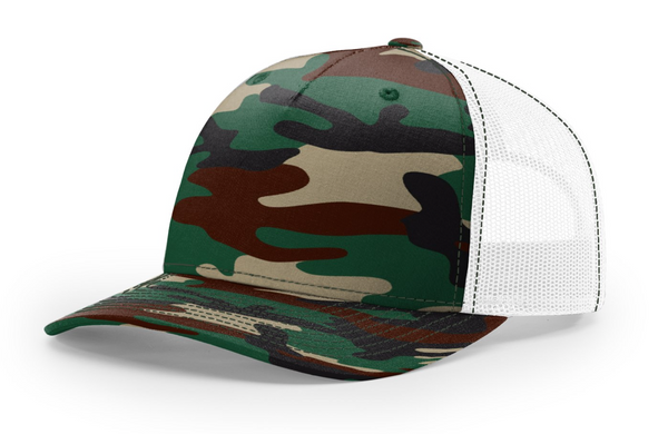 Richardson 112PFP Camo Five Panel Trucker with Custom Leather Patch